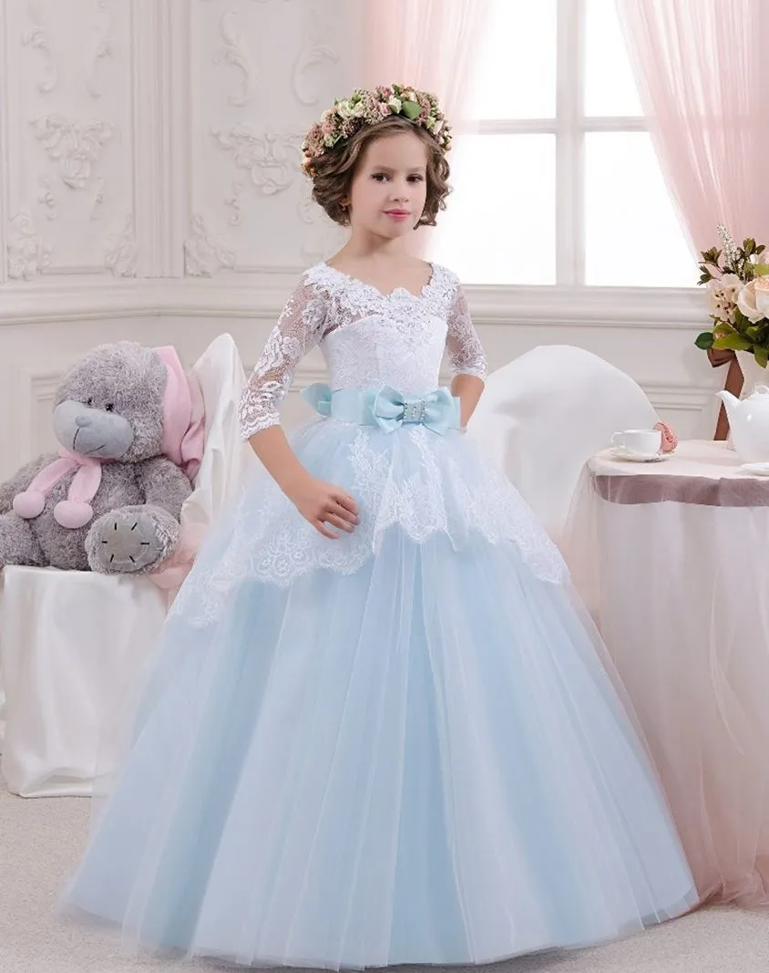 ---Blue and white dress for 9-10 year old girl ceremony made in satin and tulle with lace appliqués--