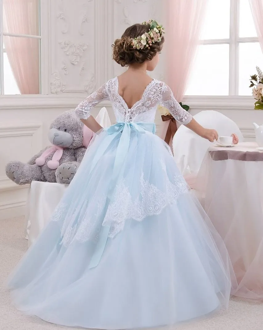 ---Blue and white dress for 9-10 year old girl ceremony made in satin and tulle with lace appliqués--