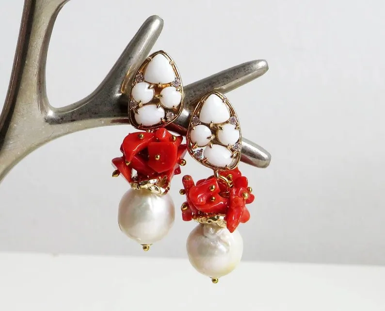 Baroque Pearl Drop Earrings with Red Coral