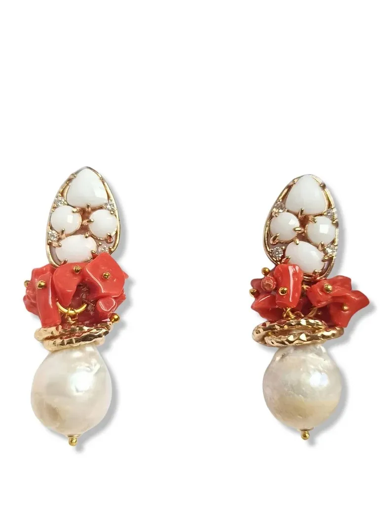 Baroque Pearl Drop Earrings with Red Coral
