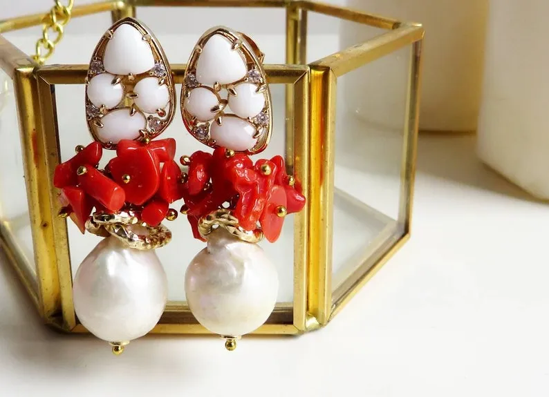 Baroque Pearl Drop Earrings with Red Coral