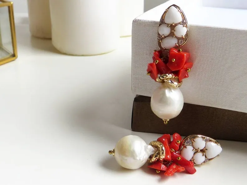 Baroque Pearl Drop Earrings with Red Coral