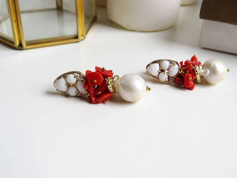 Baroque Pearl Drop Earrings with Red Coral