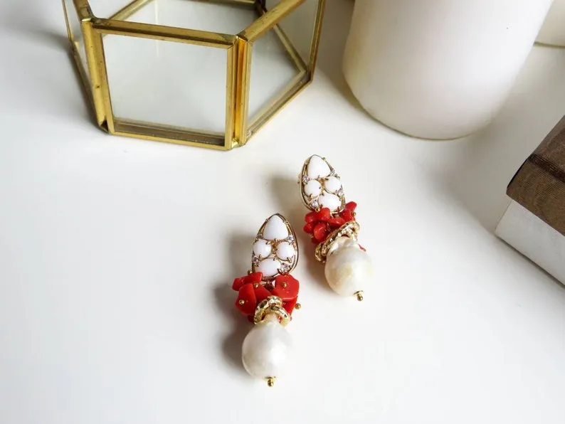 Baroque Pearl Drop Earrings with Red Coral