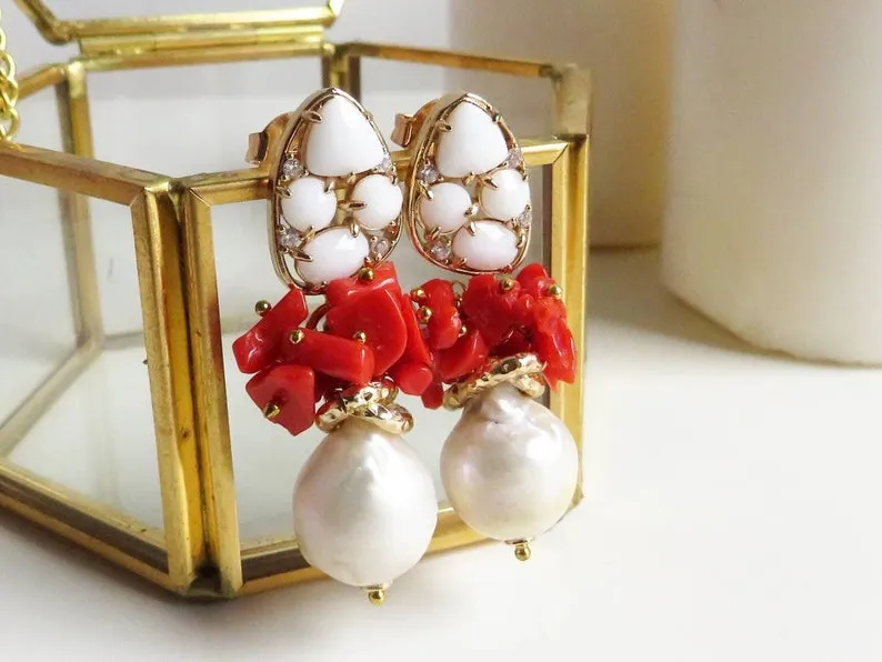 Baroque Pearl Drop Earrings with Red Coral