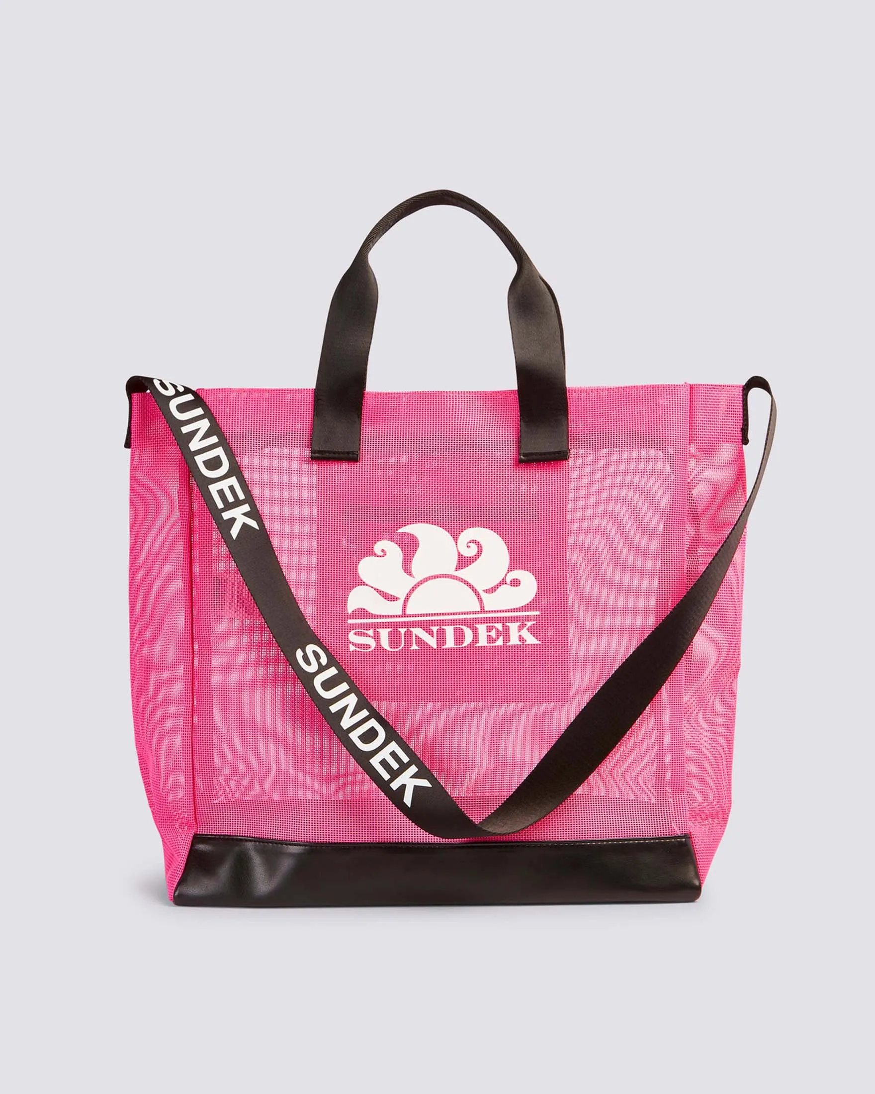 Borsa mare grande fucsia in mesh con base rivestita e tracolla removibile a contrasto di colore