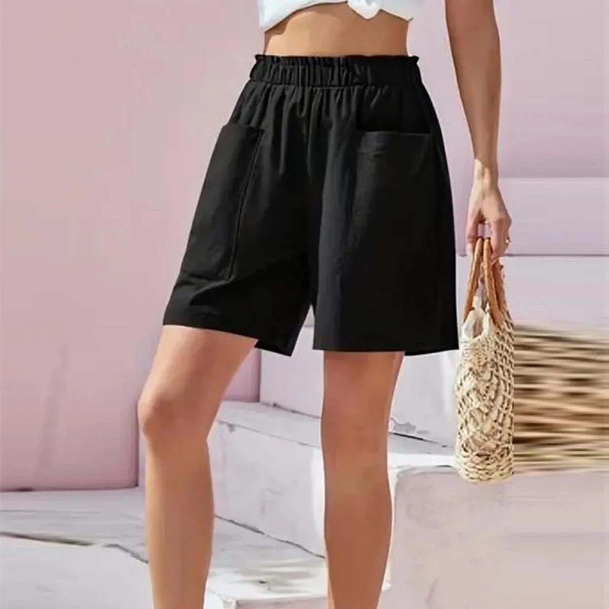 M L Xxl Pantaloncini da donna in cotone Tinta unita Vita elastica alta Pantaloni tascabili allentati slim fit per la moda estiva