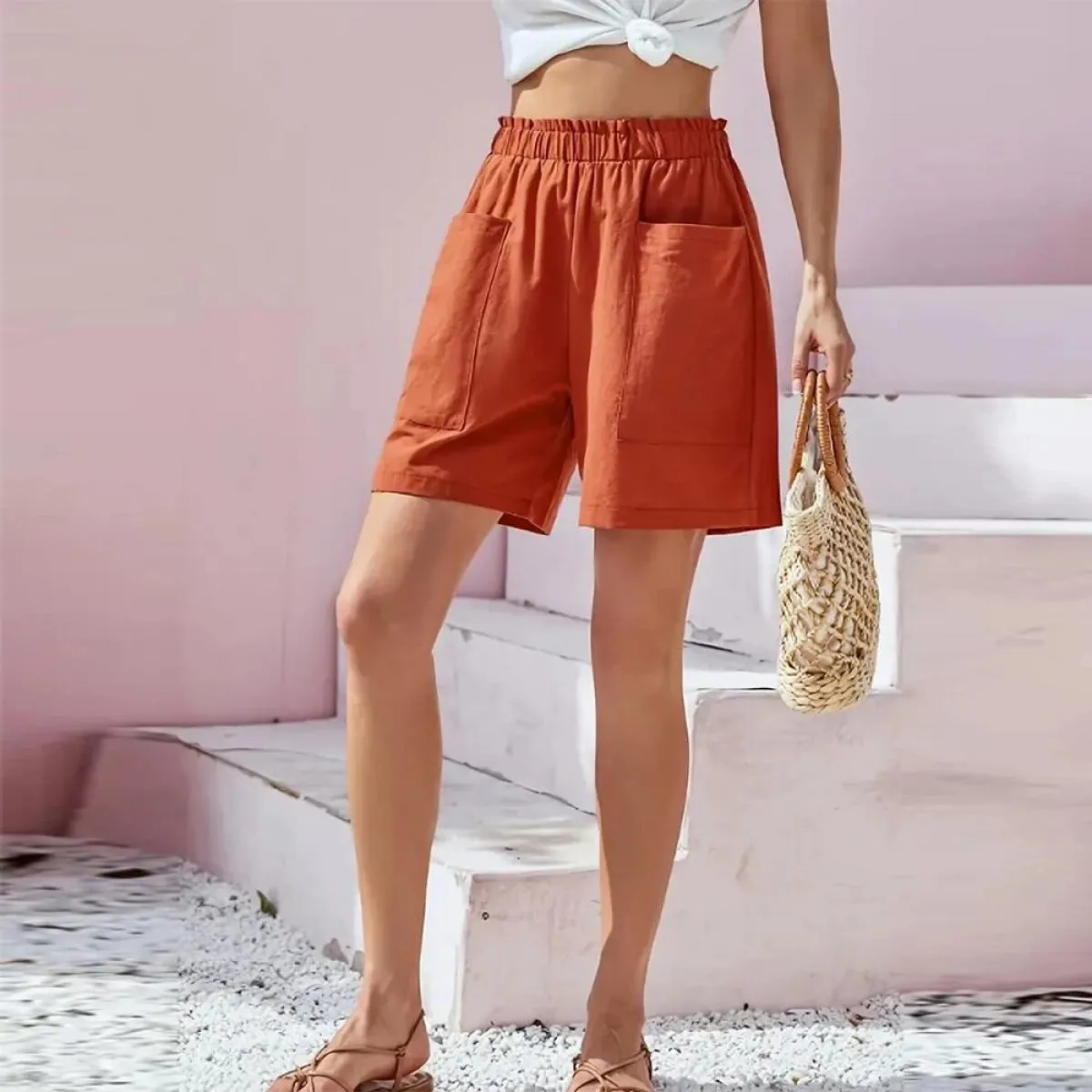 M L Xxl Pantaloncini da donna in cotone Tinta unita Vita elastica alta Pantaloni tascabili allentati slim fit per la moda estiva