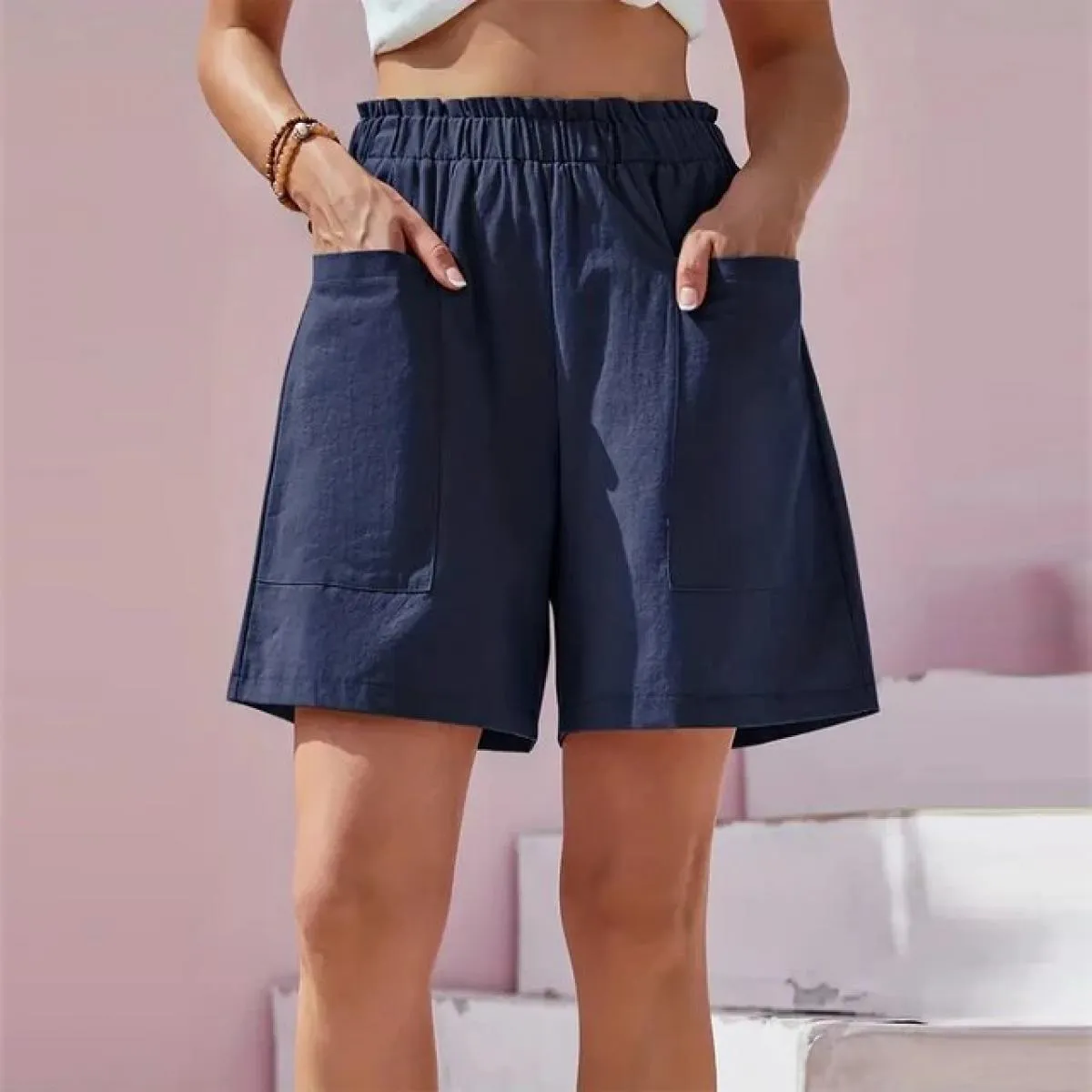 M L Xxl Pantaloncini da donna in cotone Tinta unita Vita elastica alta Pantaloni tascabili allentati slim fit per la moda estiva