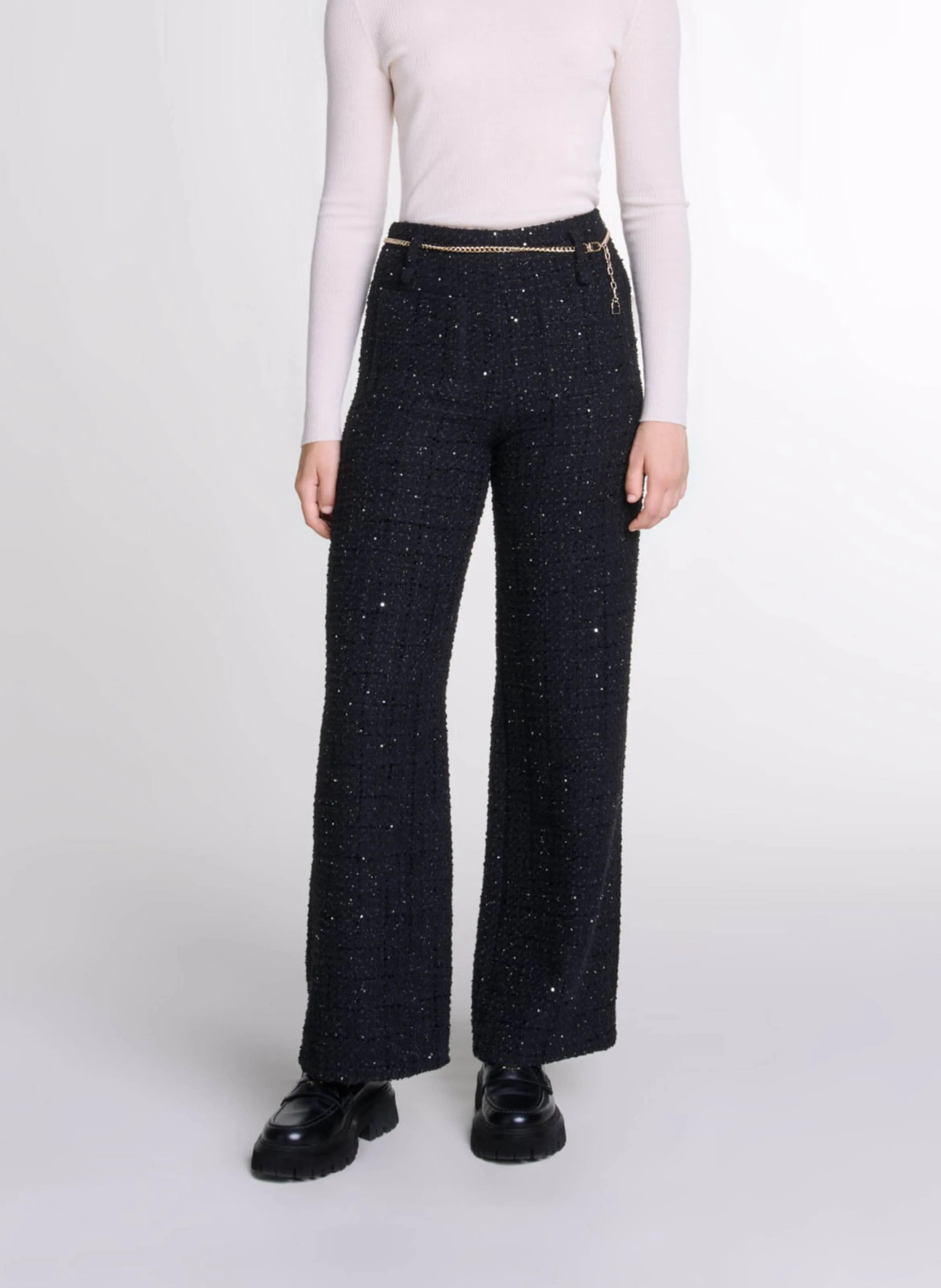  MAJE   Pantaloni dritti in tweed lucido | Nero