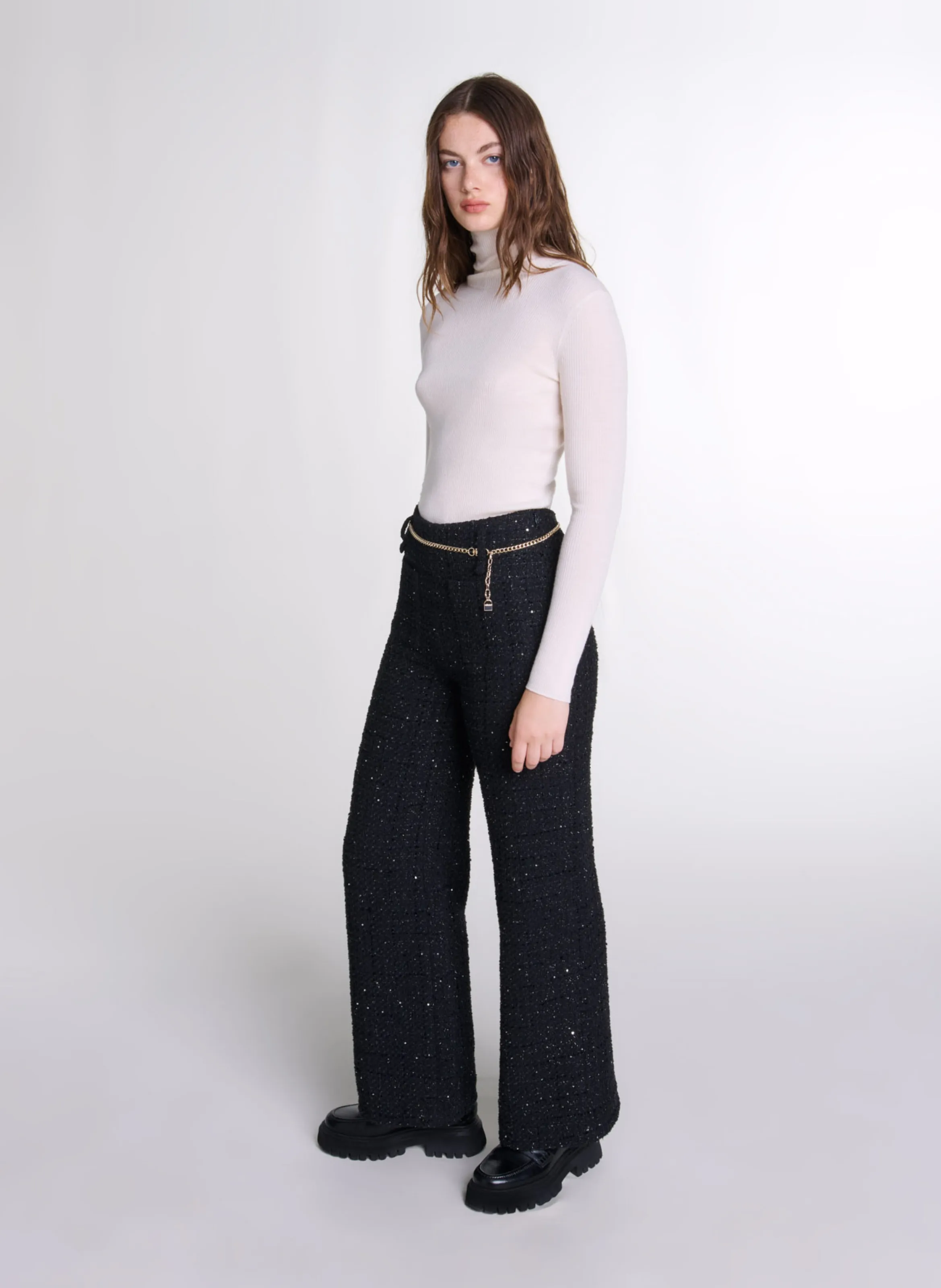  MAJE   Pantaloni dritti in tweed lucido | Nero