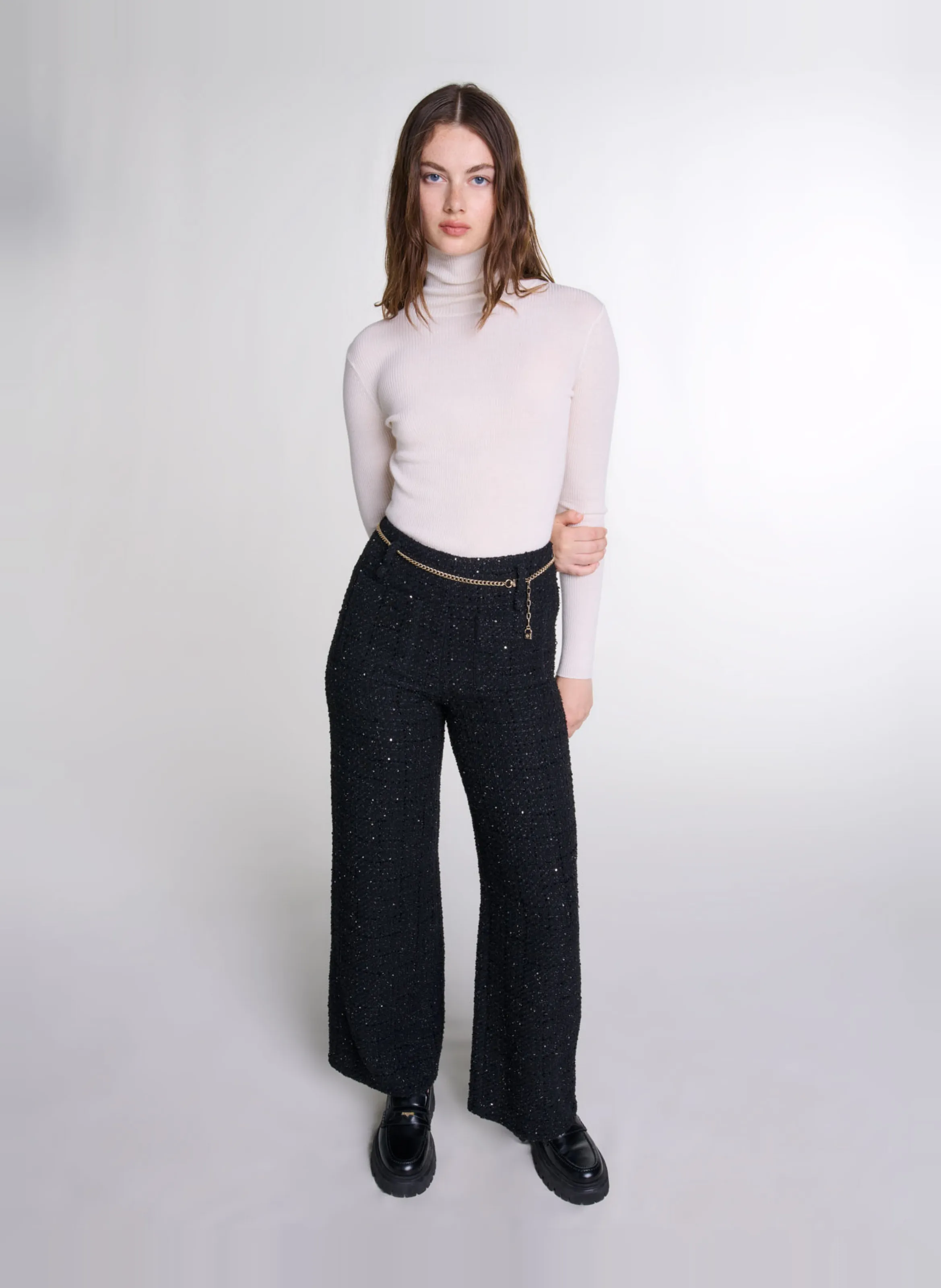  MAJE   Pantaloni dritti in tweed lucido | Nero