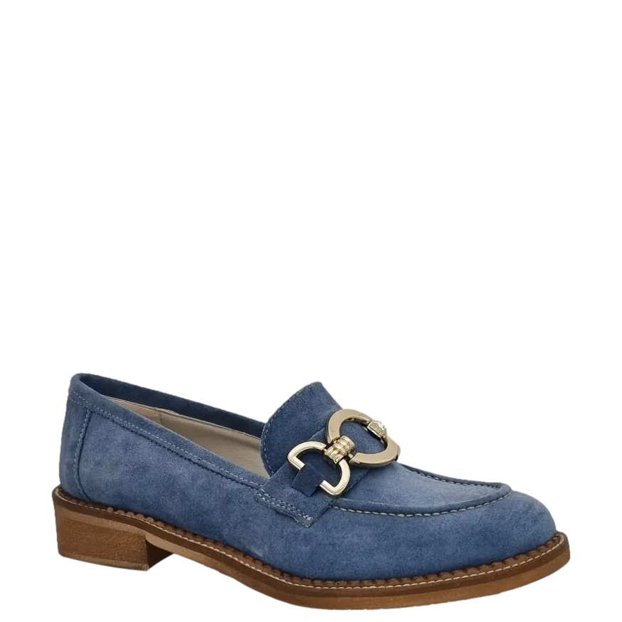 Mocassini in camoscio jeans con accessorio oro e fondo micro