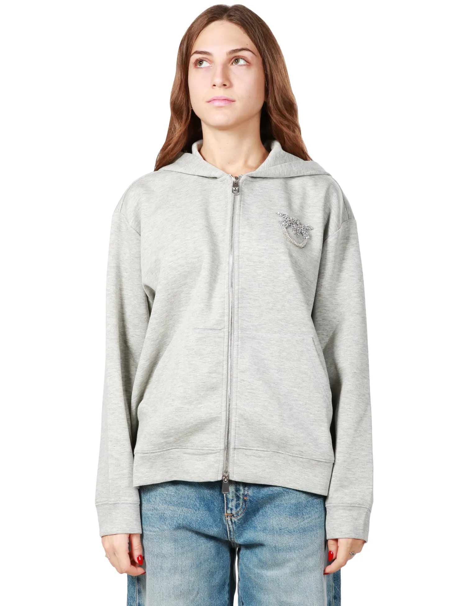 PINKO FELPA DONNA PINKO GRIGIO CHIARO IN JERSEY CON ZIP, CAPPUCCIO E MOTIVO LOVE BIRDS IN STRASS