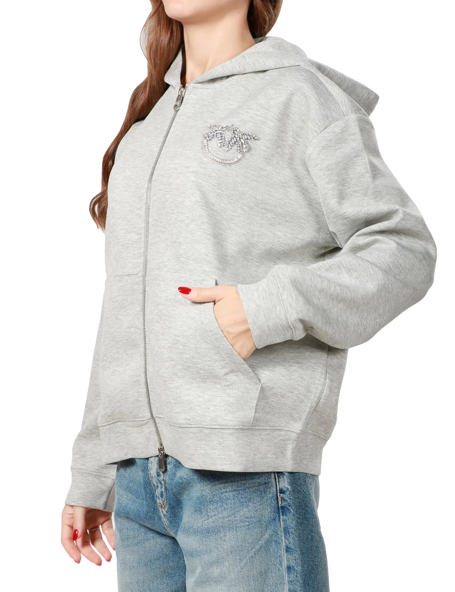 PINKO FELPA DONNA PINKO GRIGIO CHIARO IN JERSEY CON ZIP, CAPPUCCIO E MOTIVO LOVE BIRDS IN STRASS