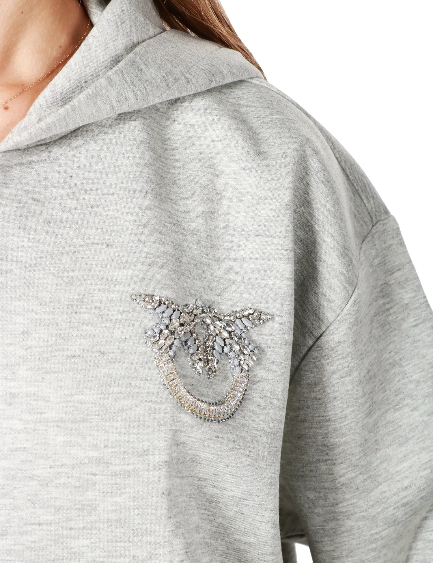 PINKO FELPA DONNA PINKO GRIGIO CHIARO IN JERSEY CON ZIP, CAPPUCCIO E MOTIVO LOVE BIRDS IN STRASS