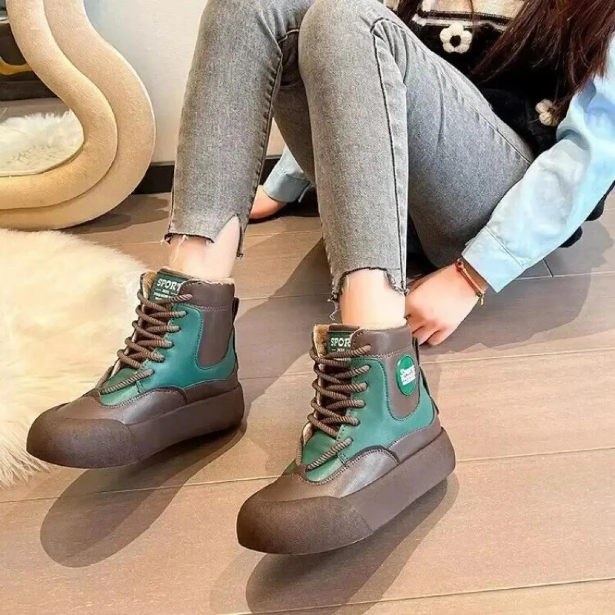 Scarpe Per Le Donne 2024 di Modo di Inverno Della Caviglia di Base Lace Up Della Piattaforma Delle Signore Scarpe Casual Punta R