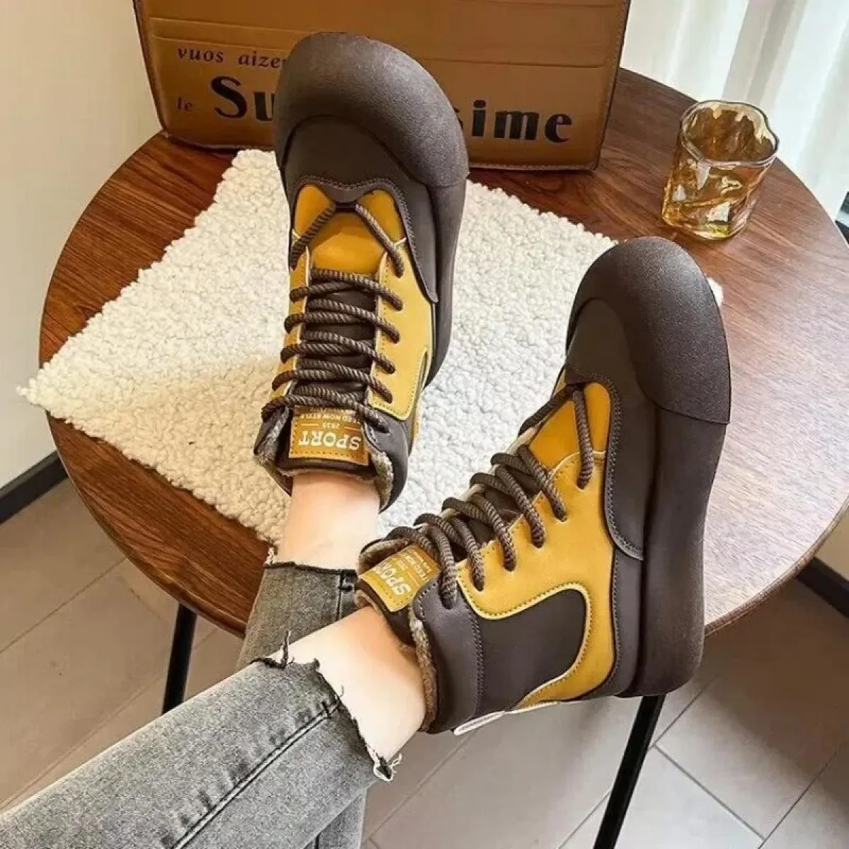 Scarpe Per Le Donne 2024 di Modo di Inverno Della Caviglia di Base Lace Up Della Piattaforma Delle Signore Scarpe Casual Punta R