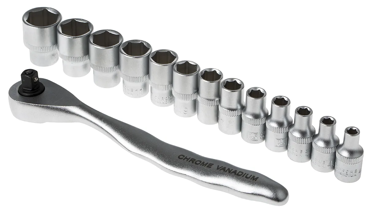 Set di bussole RS PRO da 14 pezzi in Acciaio al cromo vanadio, guida quadrata da 1/4 poll