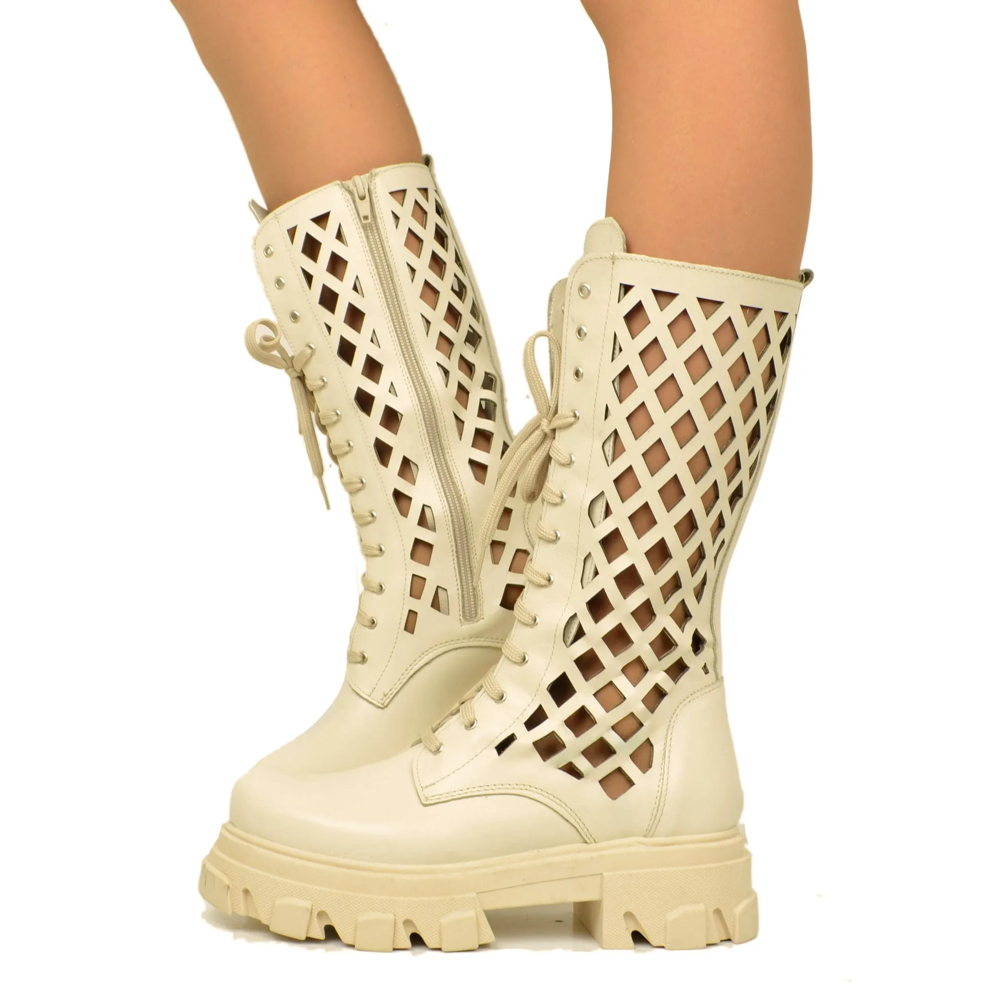 Stivali Donna Anfibi Beige Traforati con Zip Made in Italy