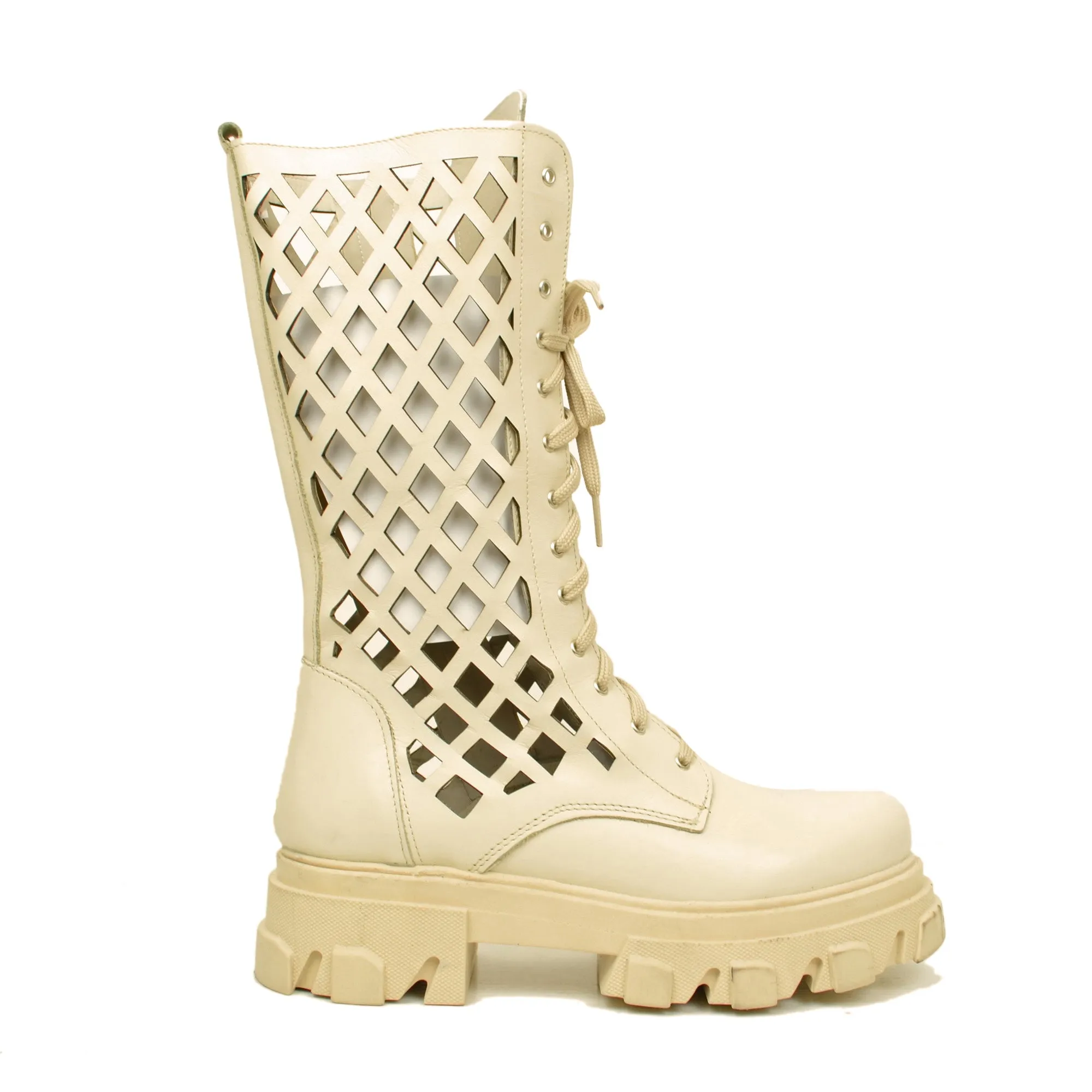Stivali Donna Anfibi Beige Traforati con Zip Made in Italy