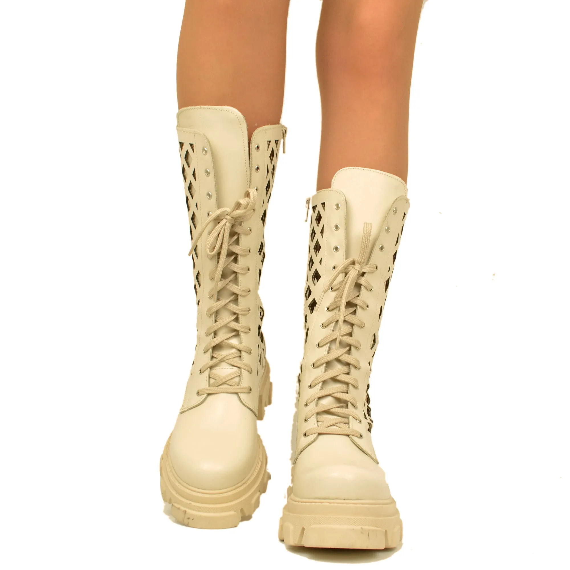 Stivali Donna Anfibi Beige Traforati con Zip Made in Italy