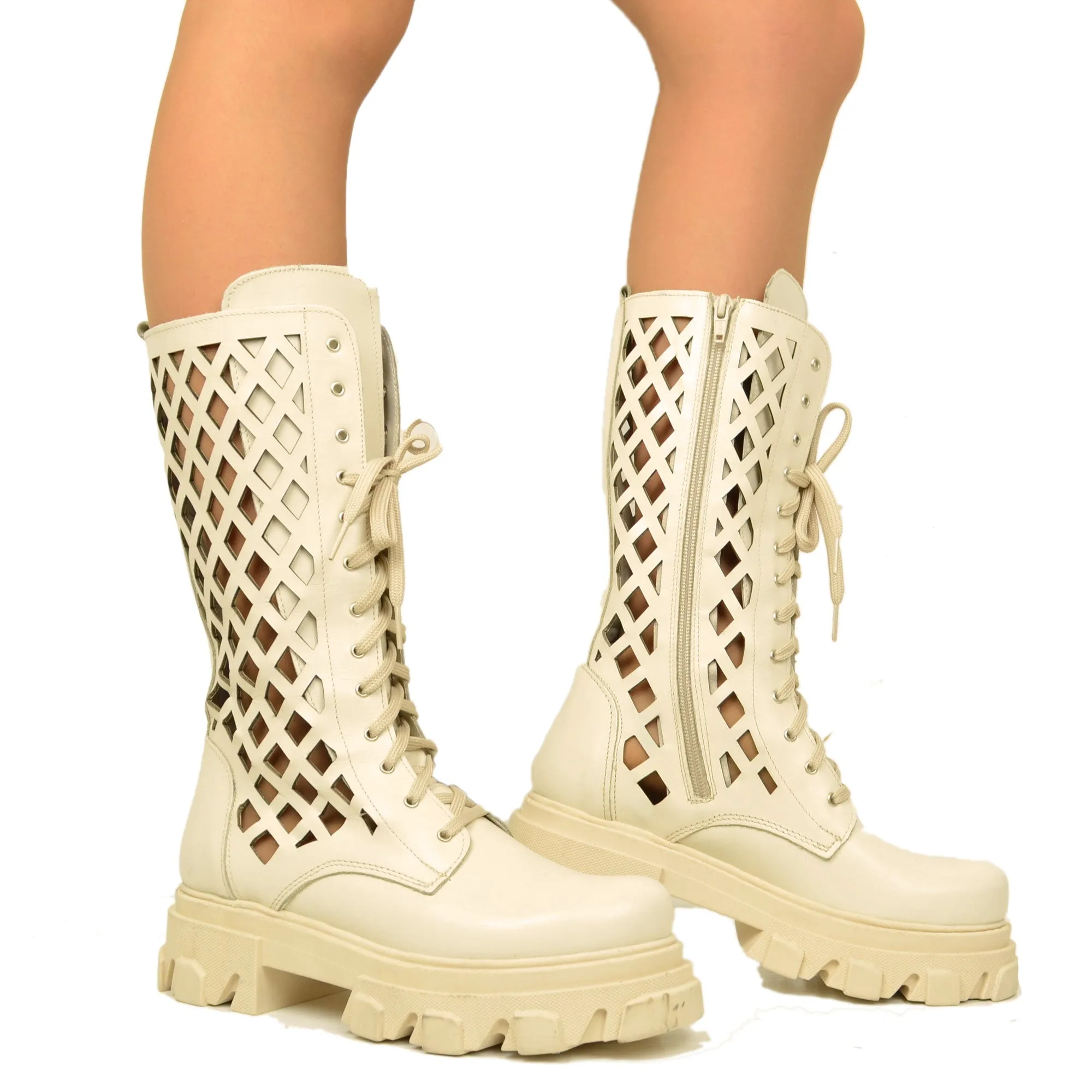 Stivali Donna Anfibi Beige Traforati con Zip Made in Italy
