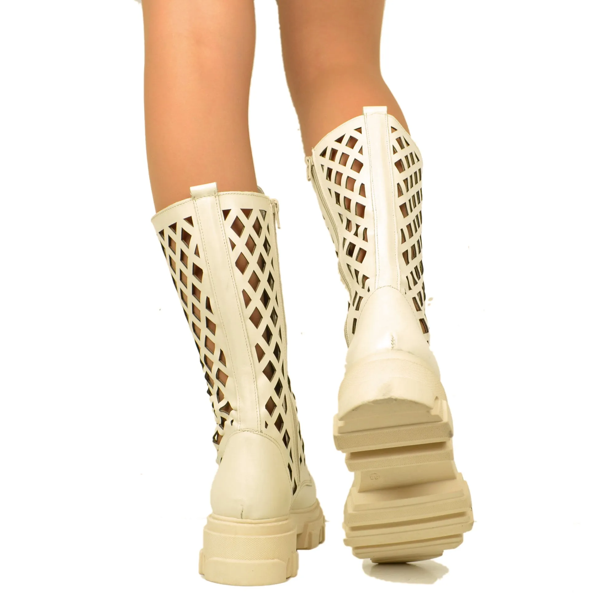 Stivali Donna Anfibi Beige Traforati con Zip Made in Italy