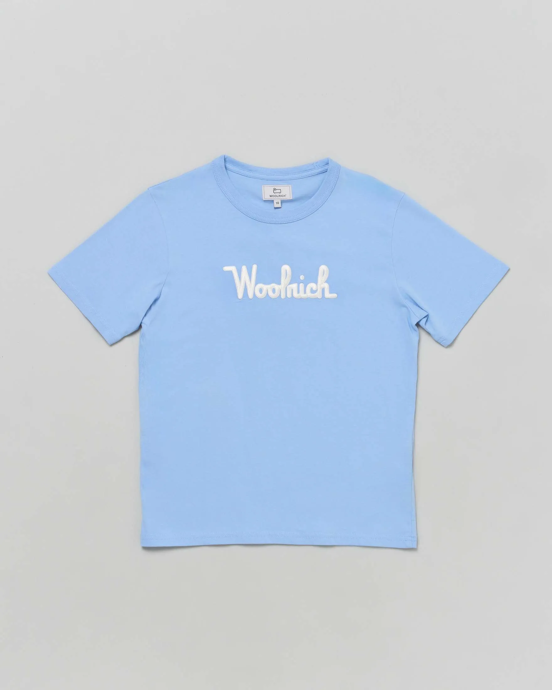T-shirt azzurra in cotone a maniche corte con scritta logo bianca 10-16 anni