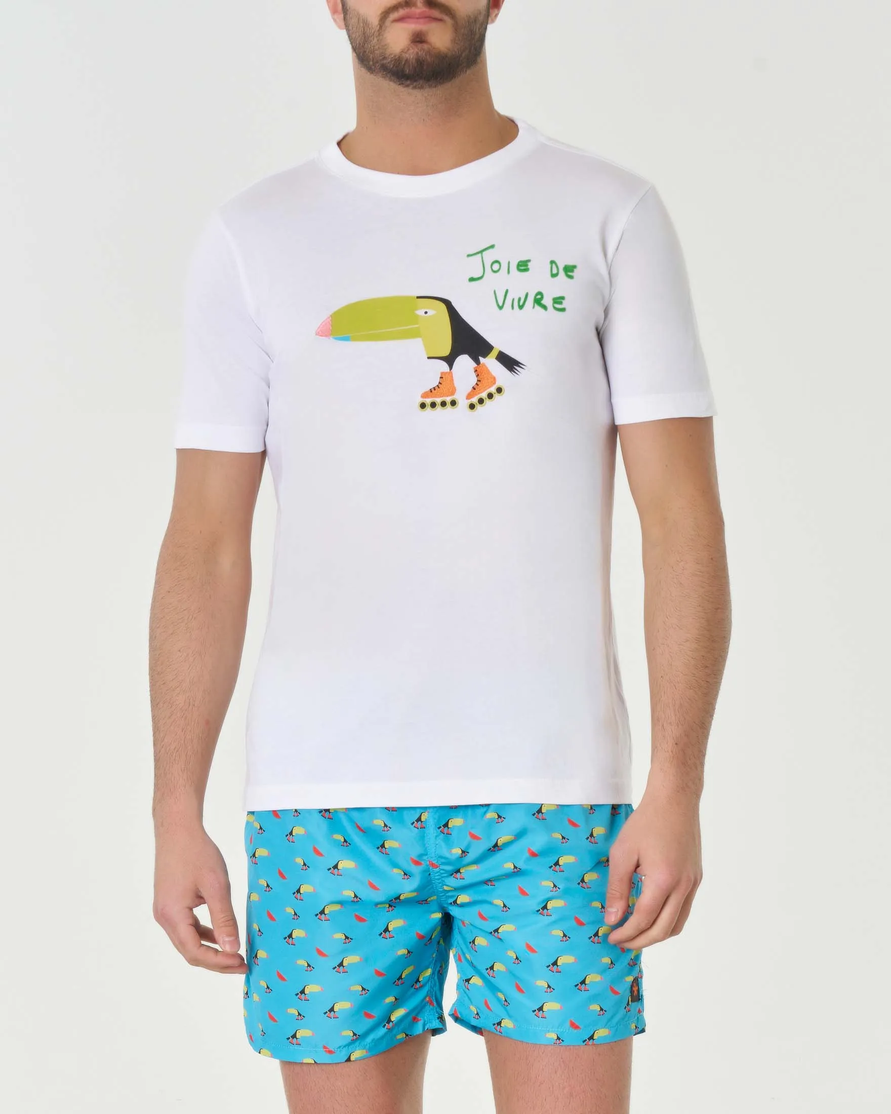 T-shirt bianca mezza manica in pima cotton con ricamo Joie de vivre e stampa tucano