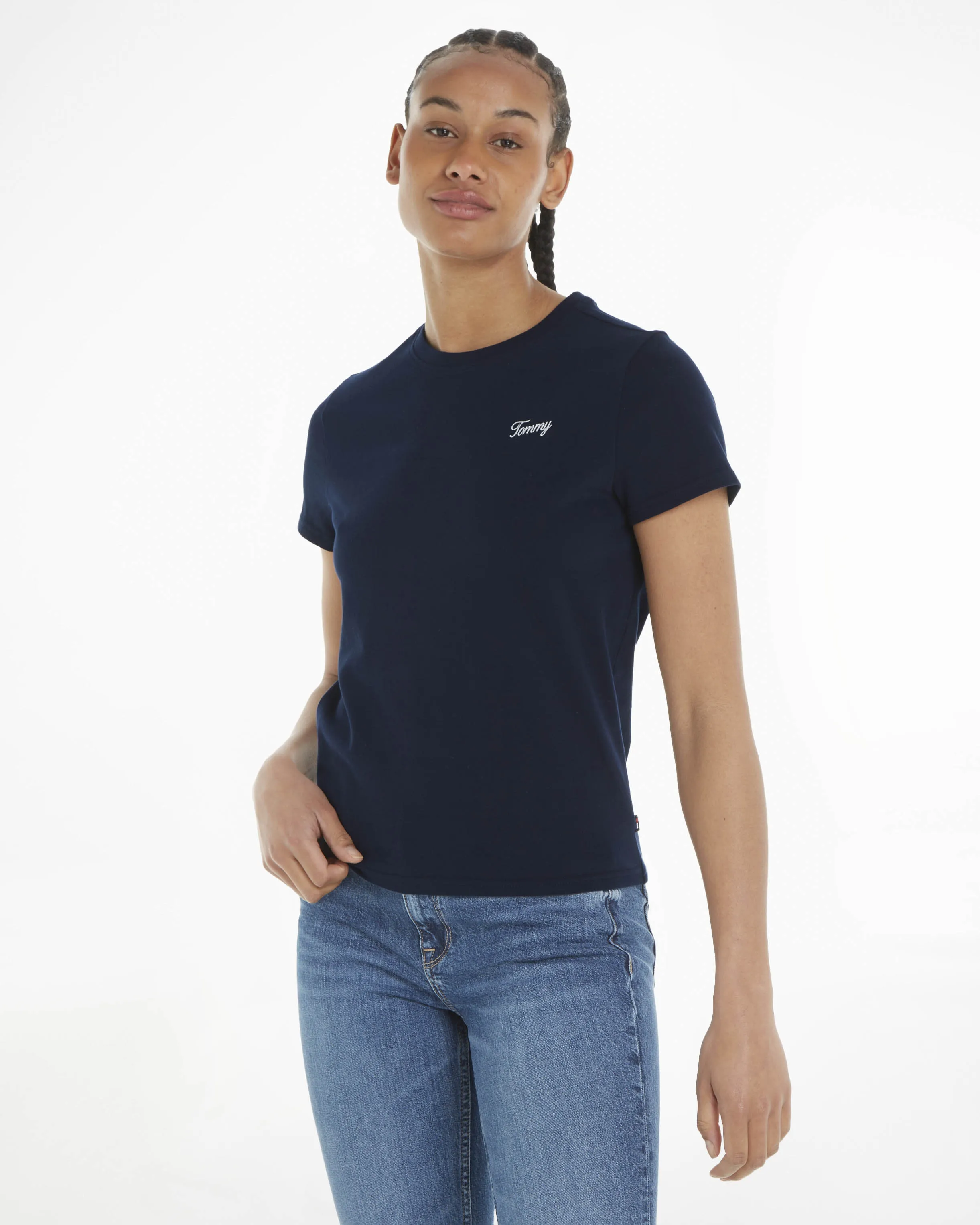 T-shirt blu in cotone rigenerato con scritta logo bianca ricamata sul petto