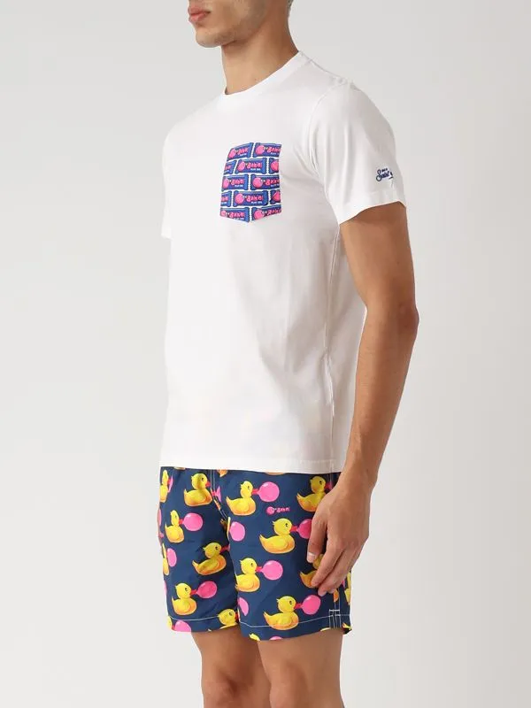 T-shirt uomo MC2 Saint Barth Blanche in cotone con taschino multi pattern Stampa Big Bubble