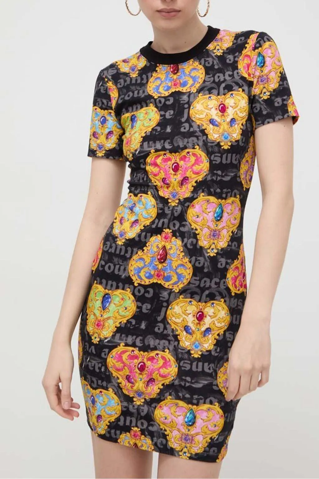 VERSACE JEANS COUTURE ABITO DONNA IN JERSEY NERO STAMPA CUORI O939