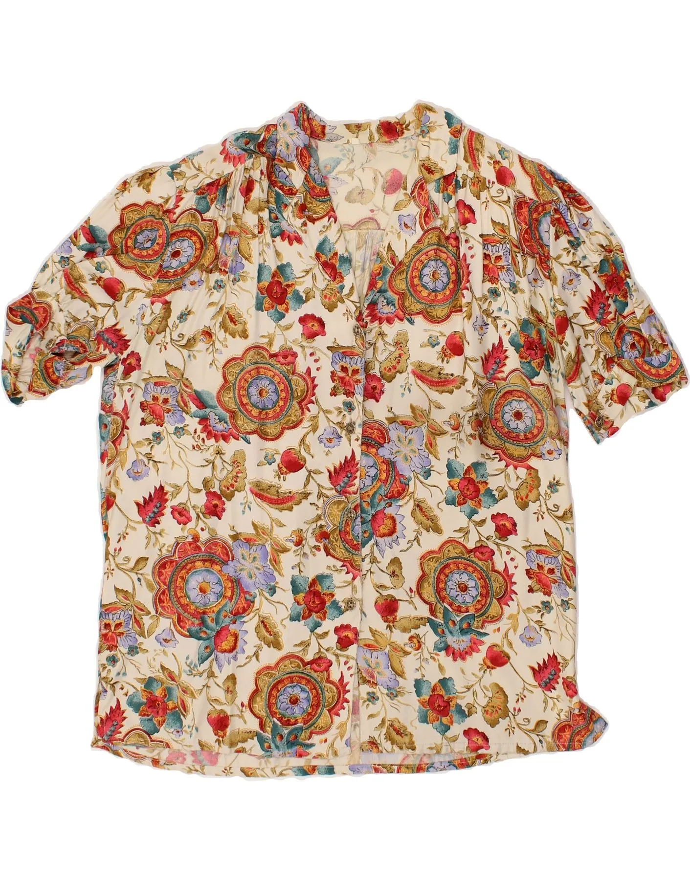 VINTAGE Womens Short Sleeve Shirt Blouse UK 18 XL Beige Floral